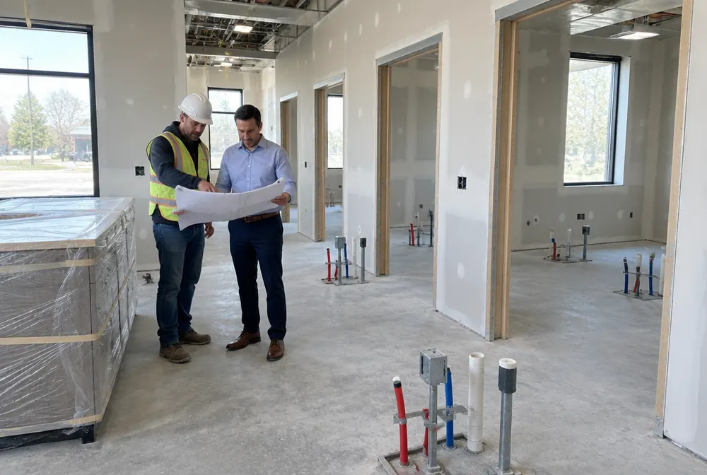 New dental office under construction with operatory plumbing in place