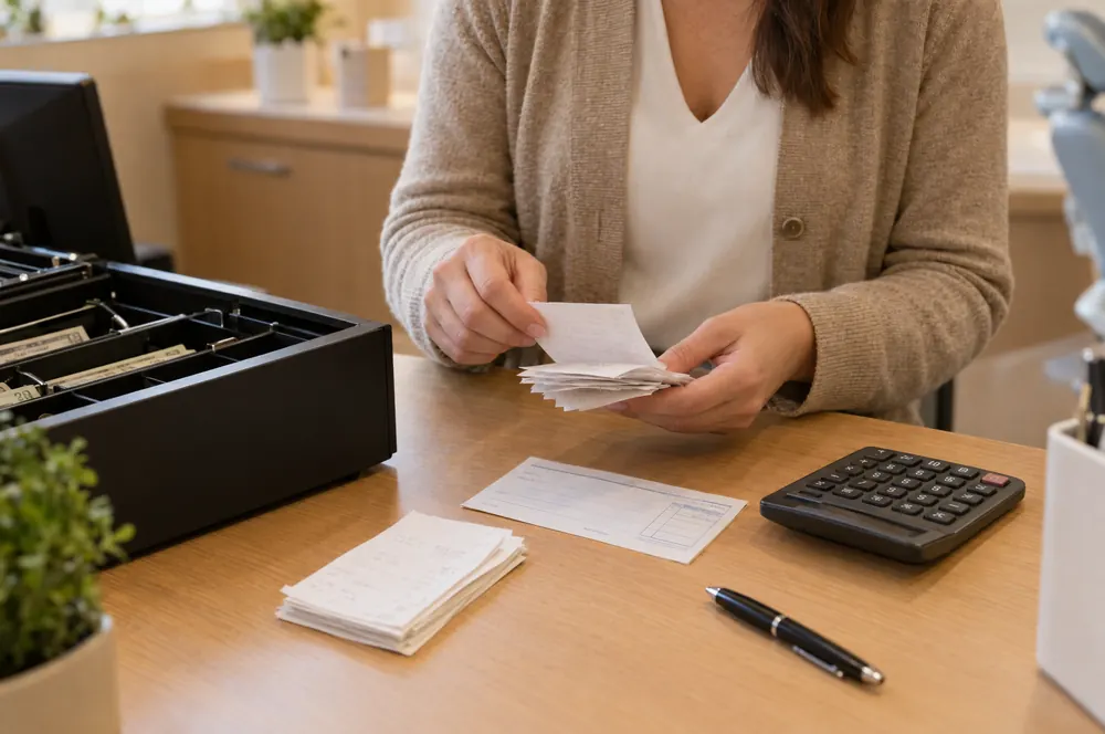 Front-desk team member handling billing at a dental office