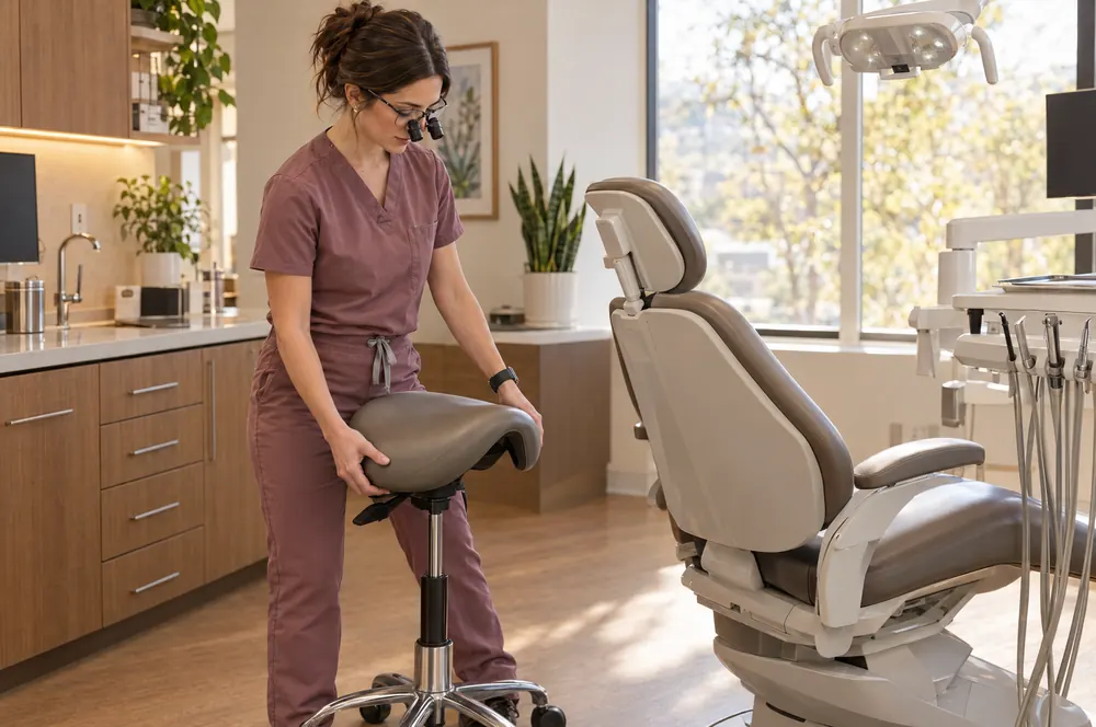Dental hygienist adjusting her chairside seating and loupes