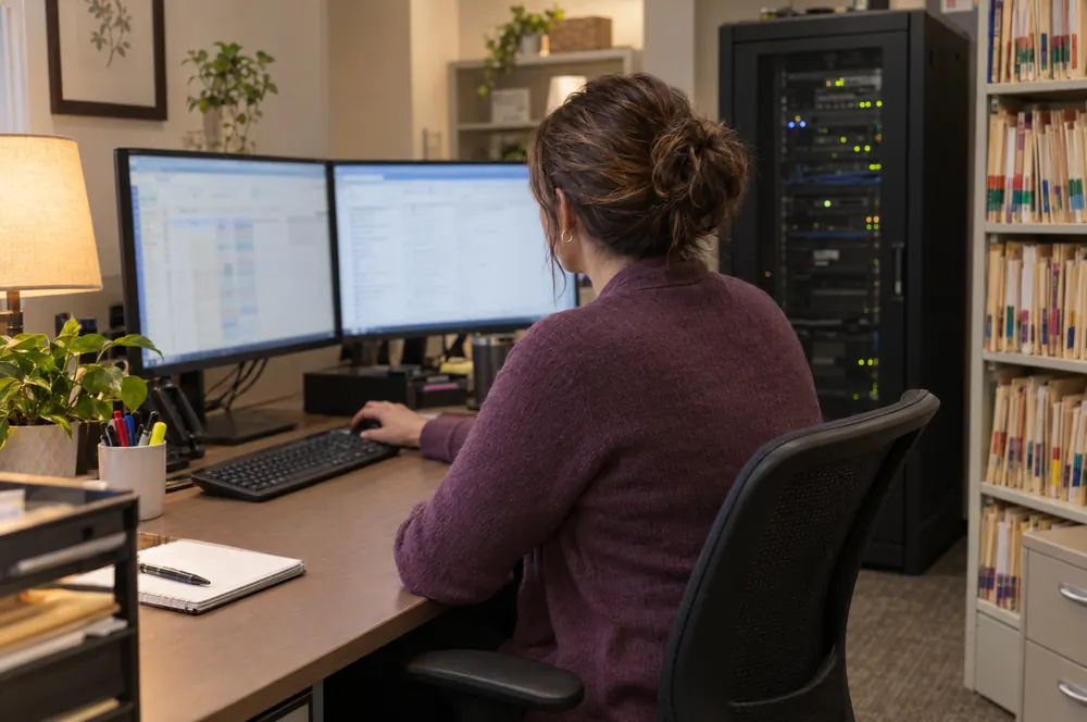 Practice manager at a workstation with patient records software, no readable data