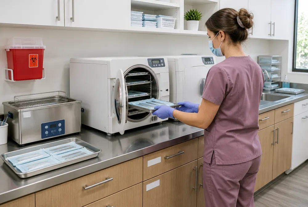 Dental sterilization area with autoclaves and instrument trays